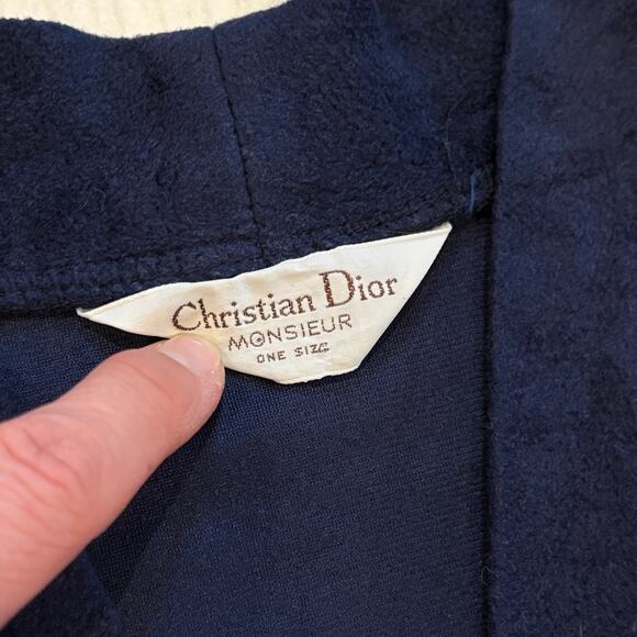 Vintage Christian Dior Bath Robe Mens One Size Blue Red Velour Lounge 80s *READ* - Picture 5 of 11